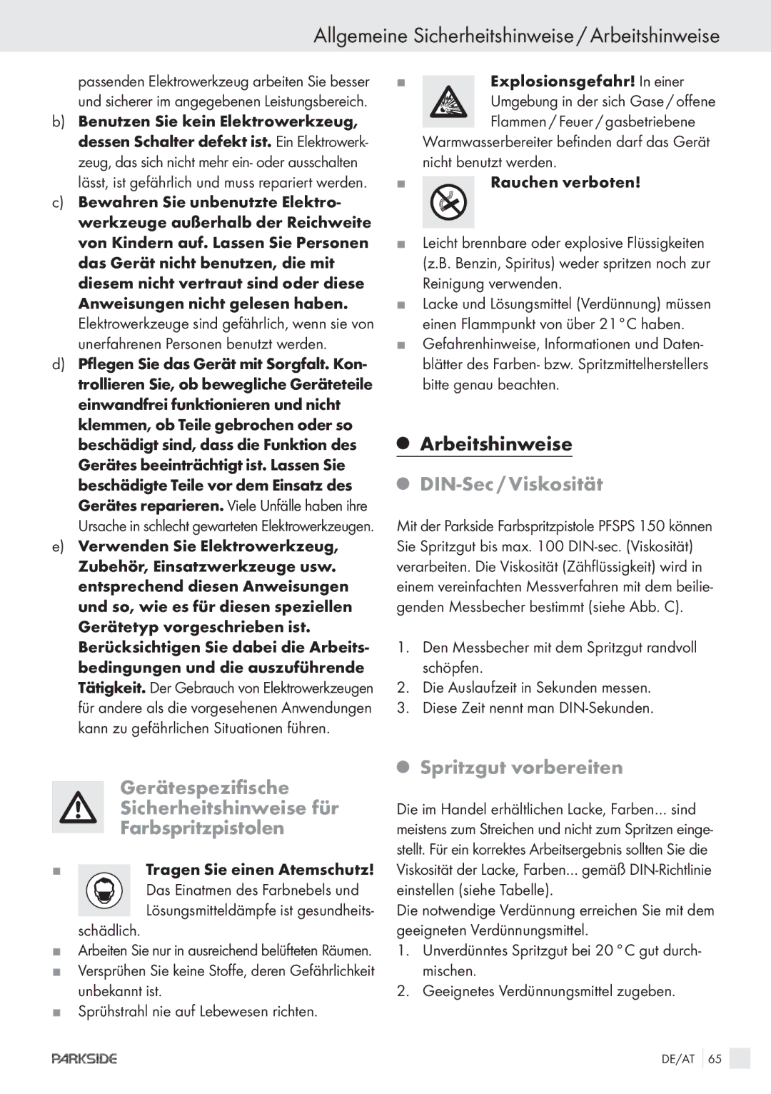 Parkside PFSPS150 Allgemeine Sicherheitshinweise / Arbeitshinweise, DIN-Sec / Viskosität, Spritzgut vorbereiten, Schädlich 